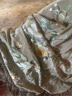 Embroidered Floral Shawl Scarf in Taupe